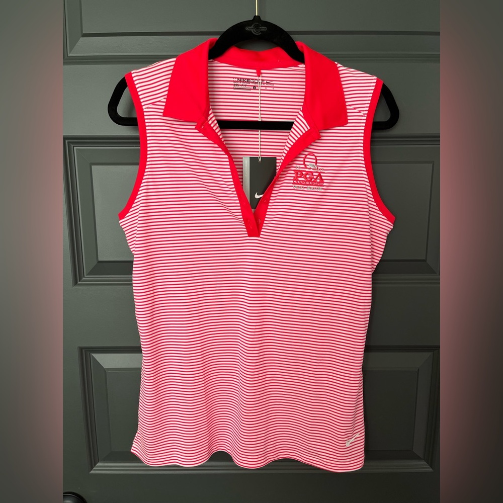 Nike Golf Red and White Striped Polo with Quail Hollow PGA Championship Logo